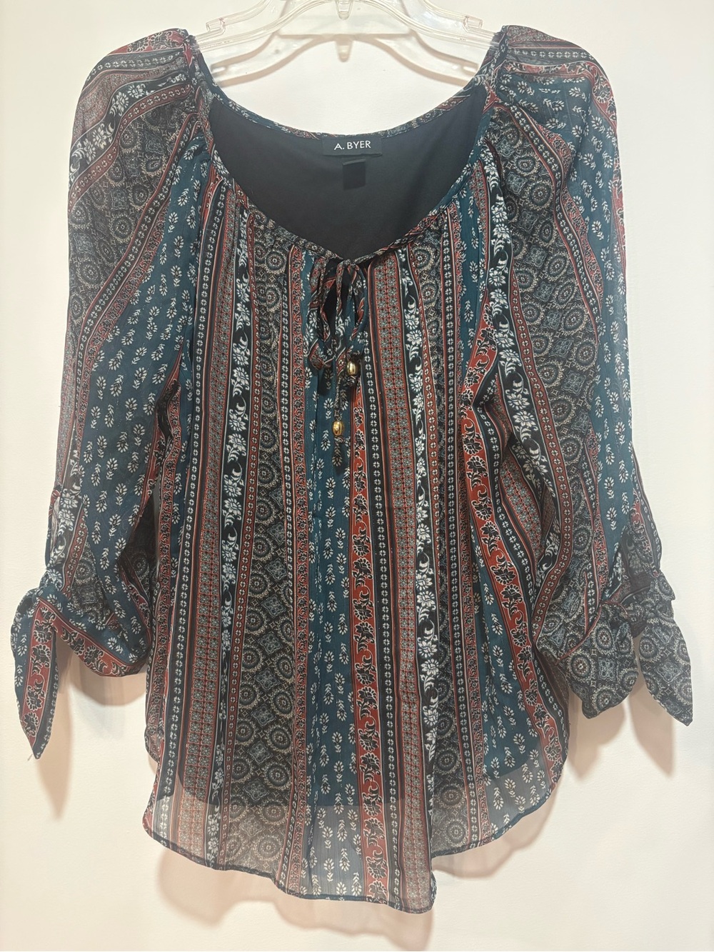 A. Byer Teal and Rust Striped Paisley Peasant Top